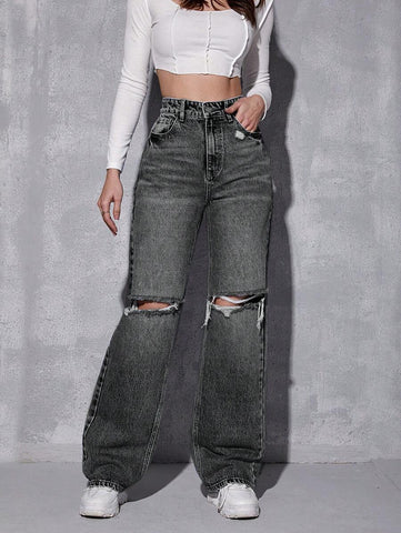 EZwear High Waist Ripped Straight Leg Jeans