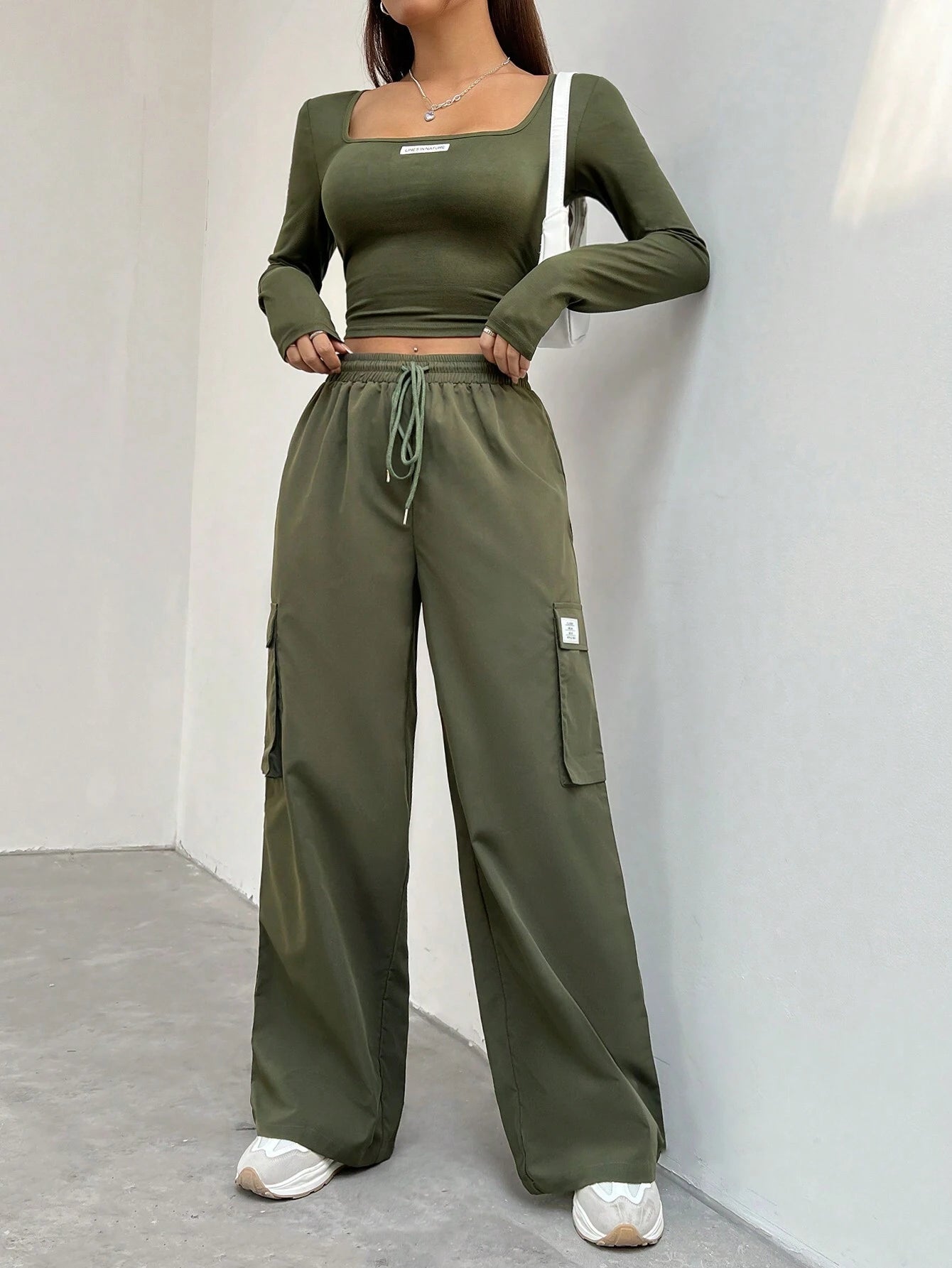 EZwear Long Sleeve Crop Top & Cargo Pants Set