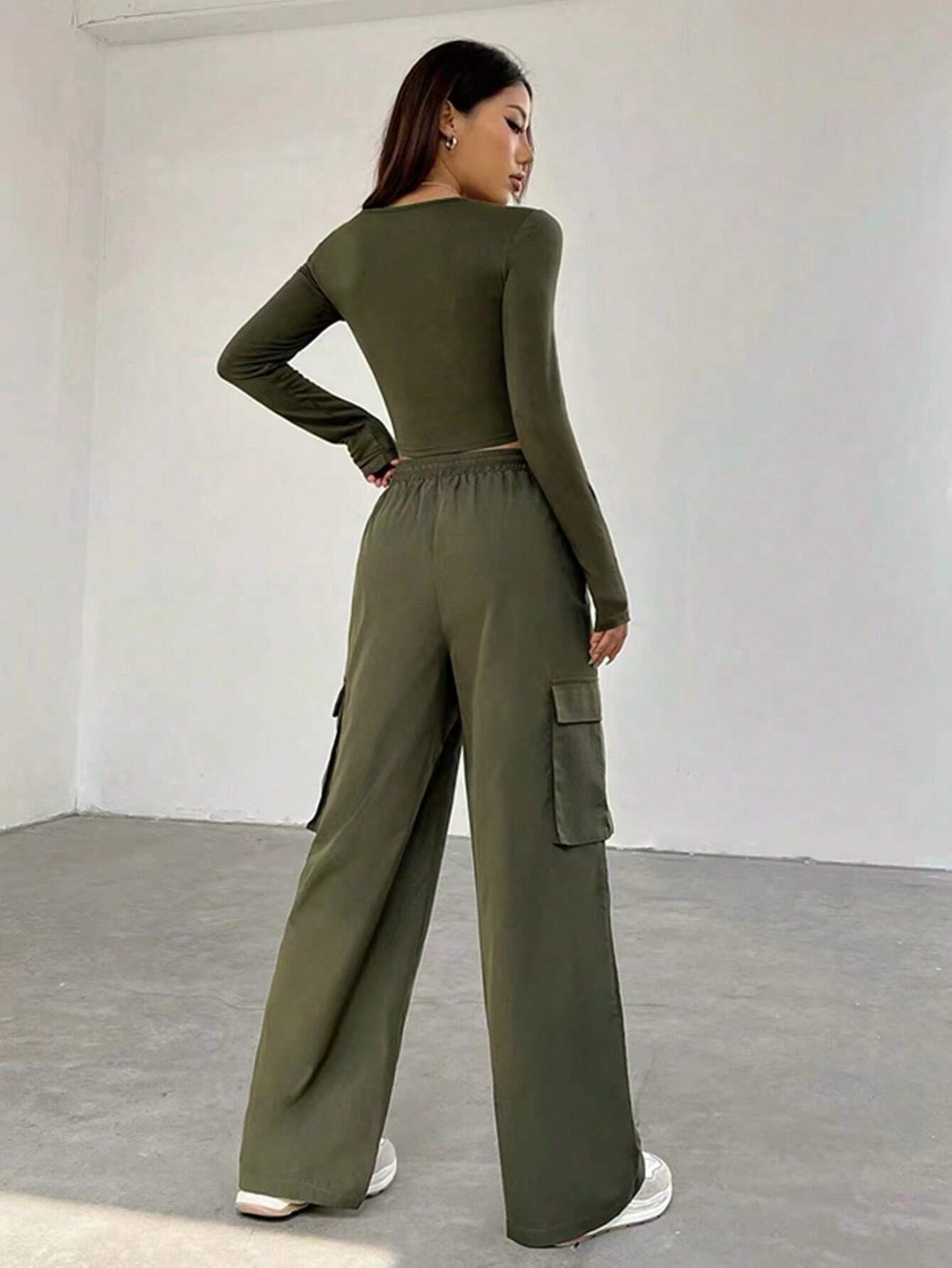 EZwear Long Sleeve Crop Top & Cargo Pants Set