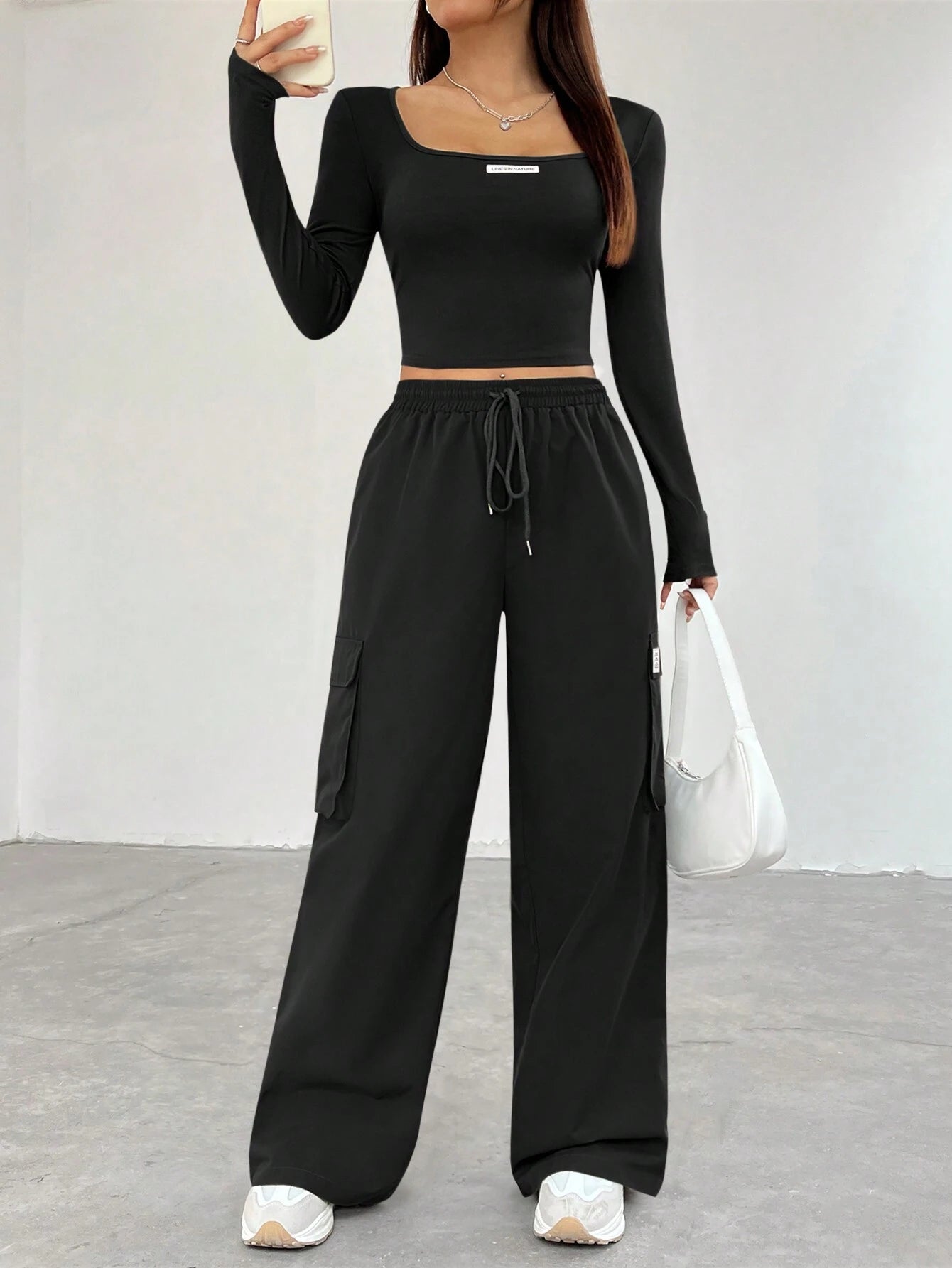 EZwear Long Sleeve Crop Top & Cargo Pants Set