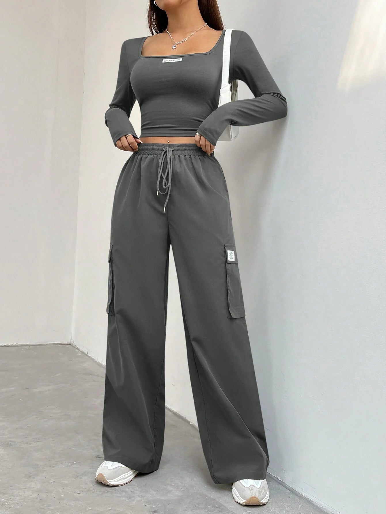 EZwear Long Sleeve Crop Top & Cargo Pants Set