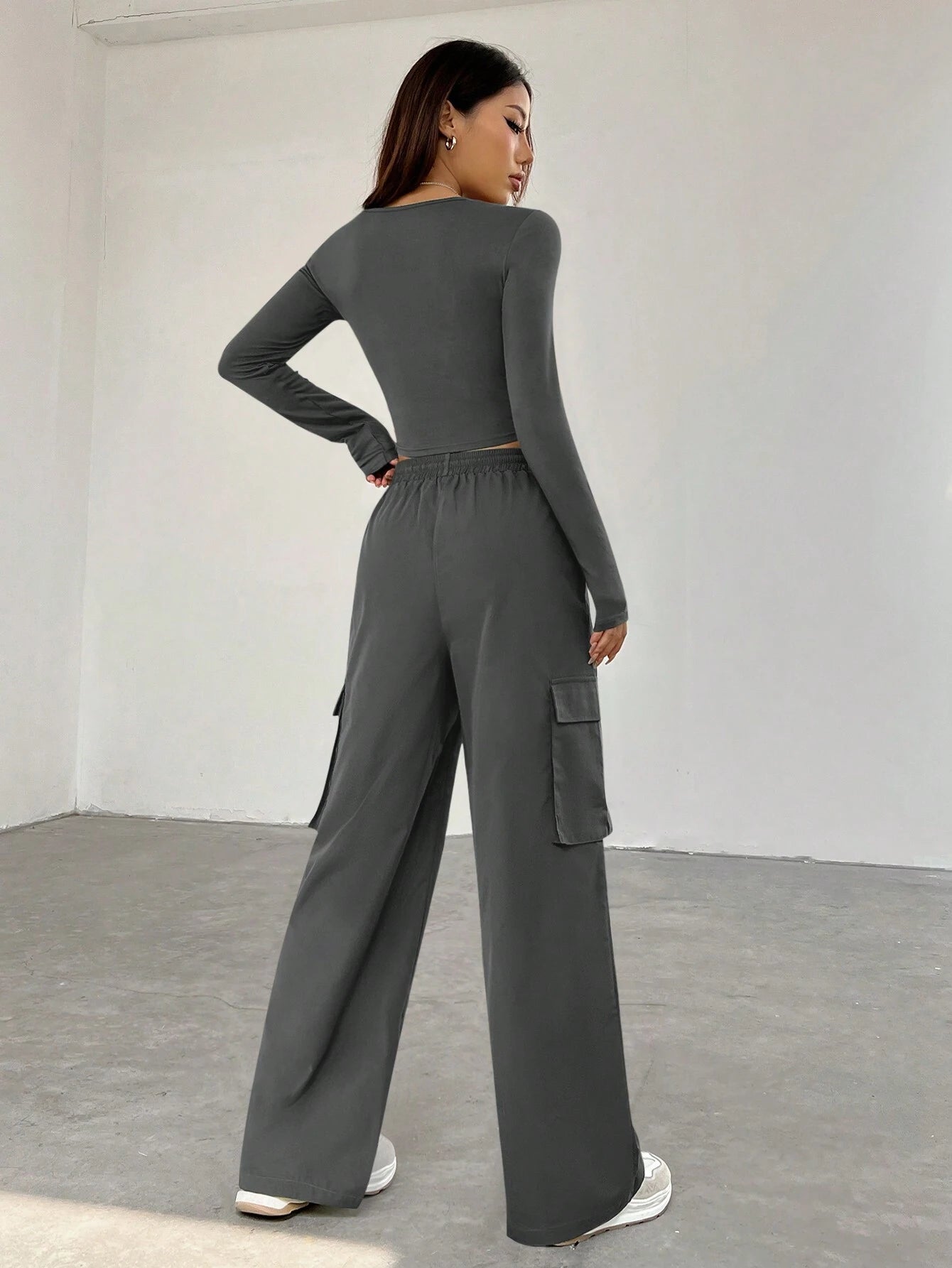 EZwear Long Sleeve Crop Top & Cargo Pants Set