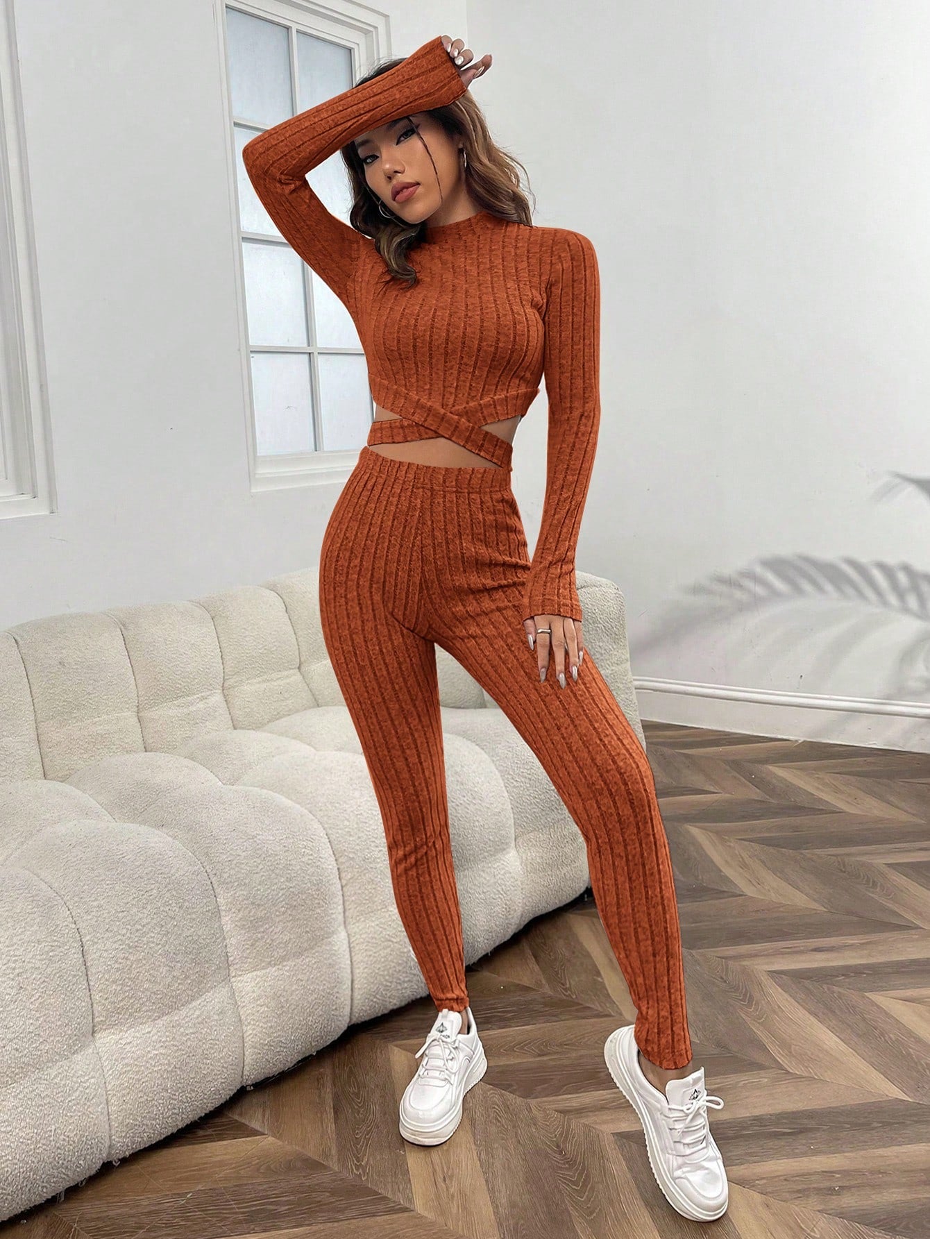 SHEIN EZwear Mock Neck Crop Tee & Flare Leg Pants, Top and Pant Set