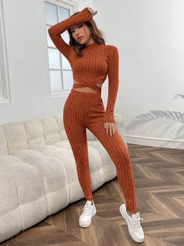 EZwear Mock Neck Crisscross Hem Crop Tee & Leggings