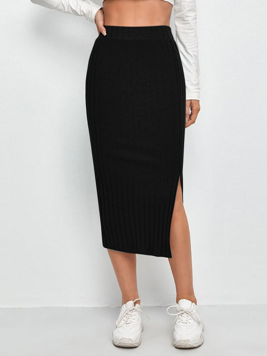 EZwear Slit Hem Rib-knit Pencil Skirt