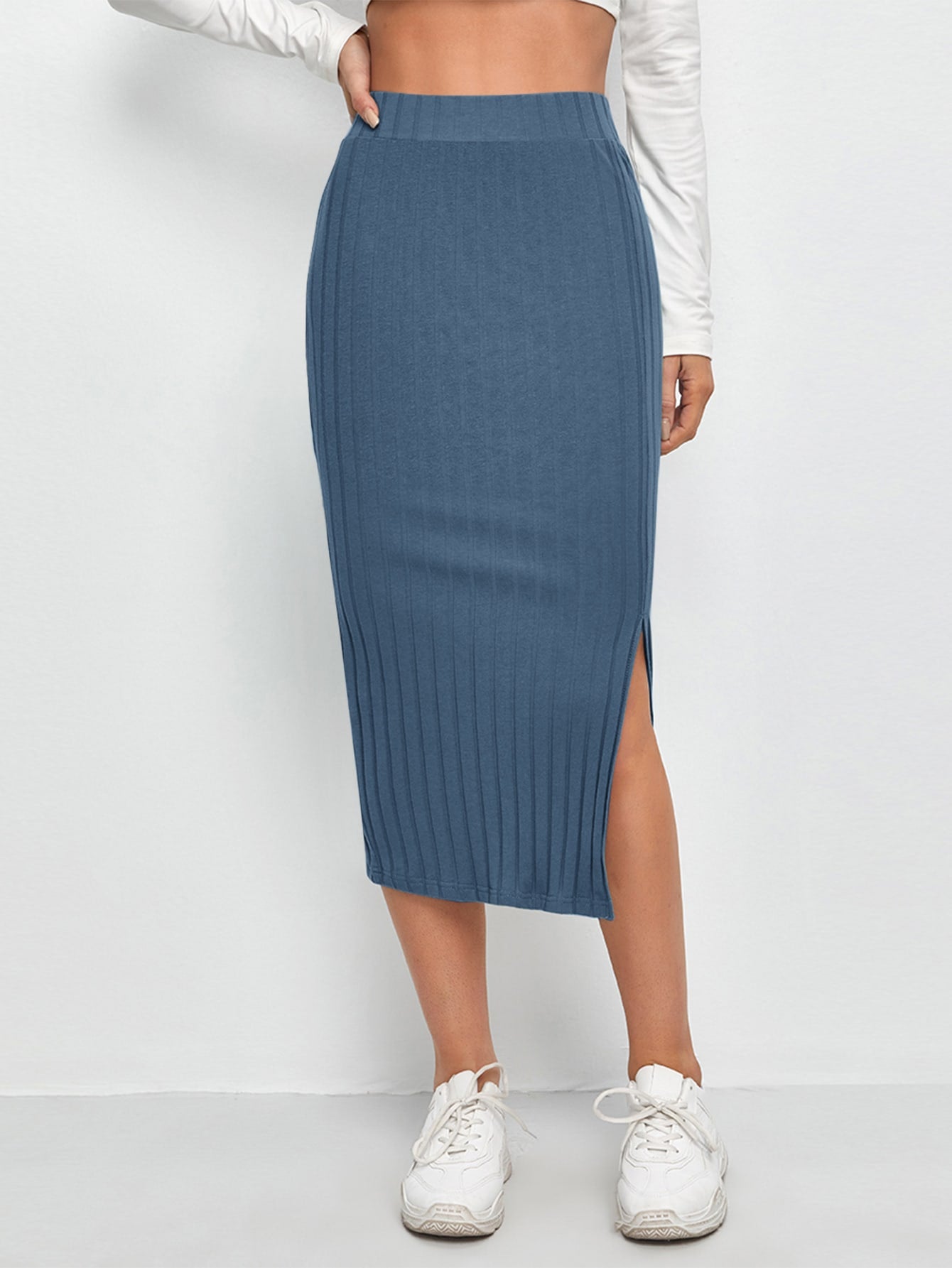 EZwear Slit Hem Rib-knit Pencil Skirt
