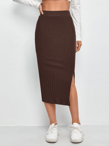 EZwear Slit Hem Rib-knit Pencil Skirt