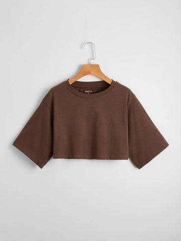 EZwear Solid Drop Shoulder Crop Tee