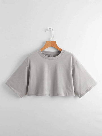 EZwear Solid Drop Shoulder Crop Tee