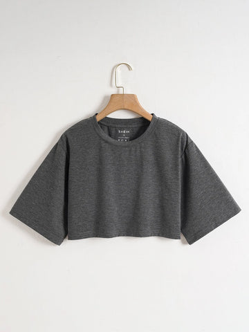 EZwear Solid Drop Shoulder Crop Tee