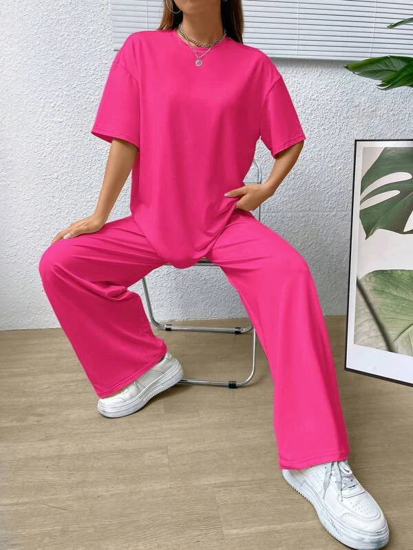 EZwear Solid Drop Shoulder Tee & Straight Leg Pants