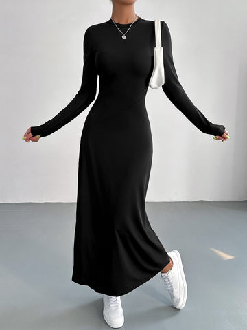 EZwear Solid Round Neck A Line Dress