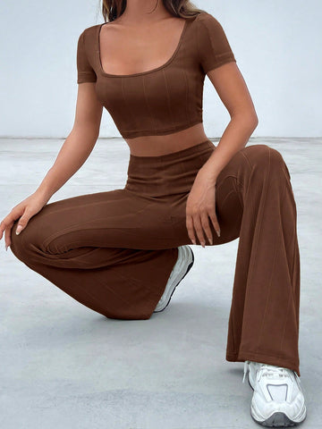 EZwear Square Neck Crop Tee & Flare Leg Pants