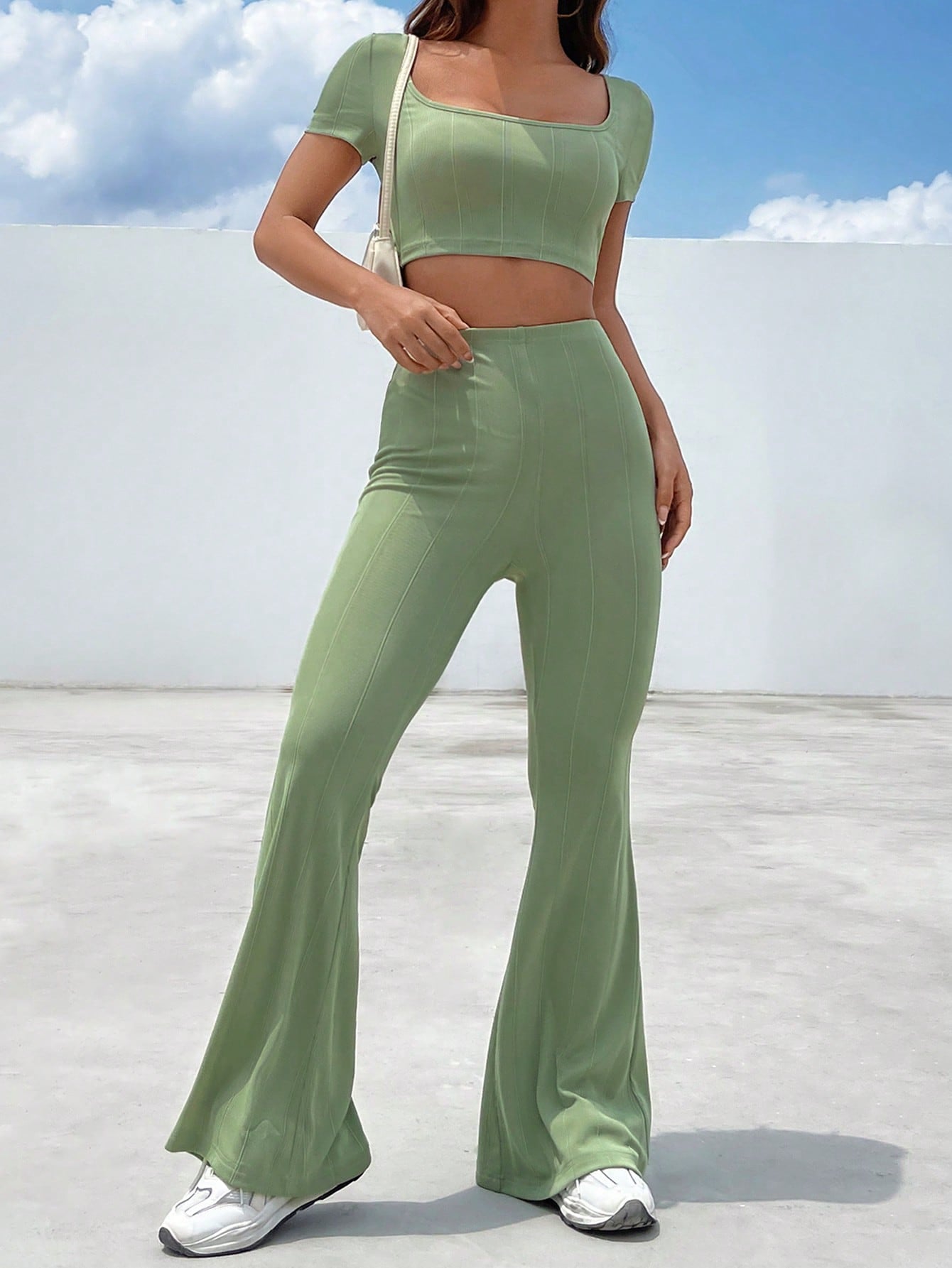 EZwear Square Neck Crop Tee & Flare Leg Pants