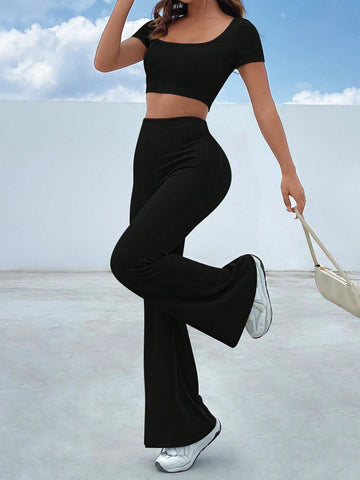 EZwear Square Neck Crop Tee & Flare Leg Pants