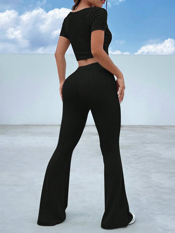 EZwear Square Neck Crop Tee & Flare Leg Pants