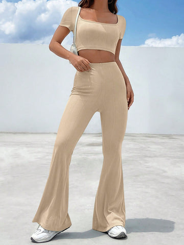 EZwear Square Neck Crop Tee & Flare Leg Pants