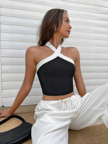 EZwear Two Tone Crop Halter Top