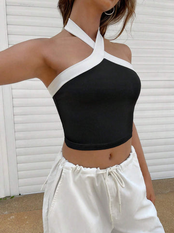 EZwear Two Tone Crop Halter Top