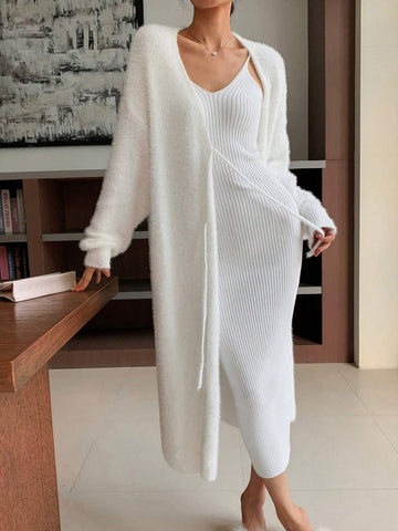 EastFlair Korean-Style Mid-Length Front Tie Knit Cardigan