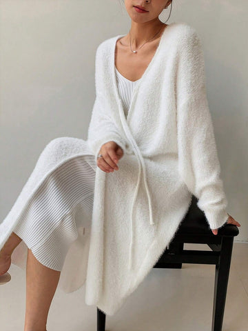 EastFlair Korean-Style Mid-Length Front Tie Knit Cardigan