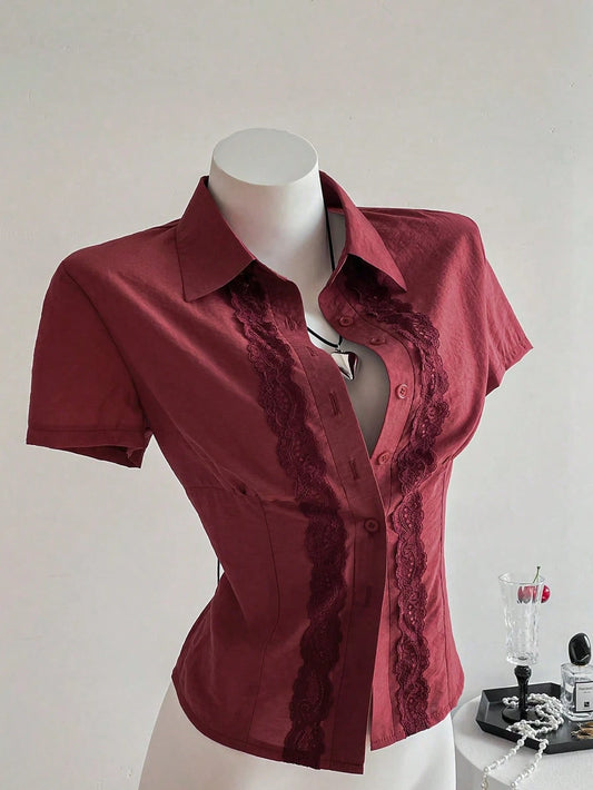 Simple Vintage Lace Patchwork Solid Color Fitted Short Sleeve Blouse