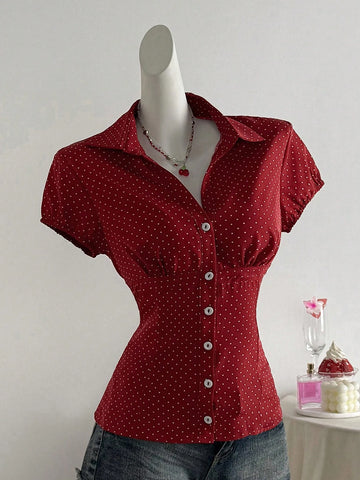 Elamini Polka Dot Print Lapel Collar Fitted Short Sleeve Blouse