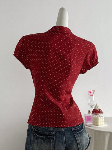 Elamini Polka Dot Print Lapel Collar Fitted Short Sleeve Blouse