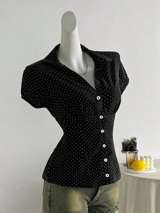 Elamini Polka Dot Print Lapel Collar Fitted Short Sleeve Blouse