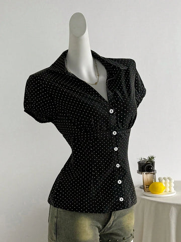 Elamini Polka Dot Print Lapel Collar Fitted Short Sleeve Blouse