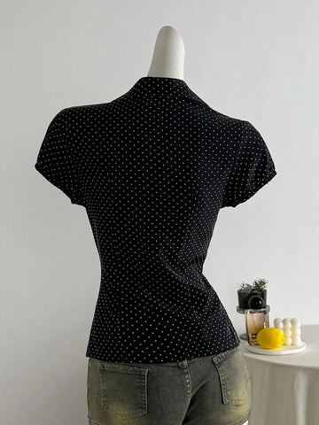 Elamini Polka Dot Print Lapel Collar Fitted Short Sleeve Blouse