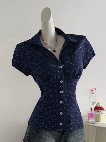 Elamini Polka Dot Print Lapel Collar Fitted Short Sleeve Blouse