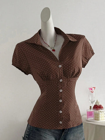 Elamini Polka Dot Print Lapel Collar Fitted Short Sleeve Blouse