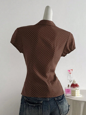 Elamini Polka Dot Print Lapel Collar Fitted Short Sleeve Blouse