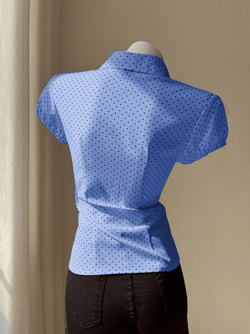 Elamini Polka Dot Print Lapel Collar Fitted Short Sleeve Blouse