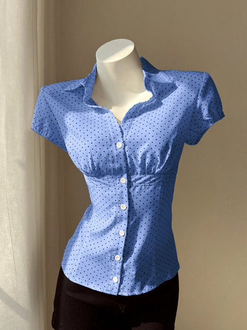 Elamini Polka Dot Print Lapel Collar Fitted Short Sleeve Blouse