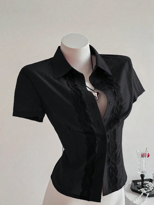 Simple Vintage Lace Patchwork Solid Color Fitted Short Sleeve Blouse