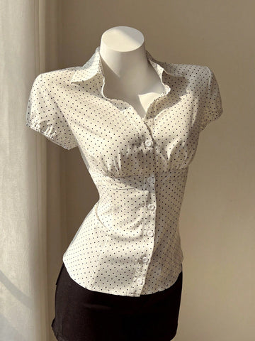 Elamini Polka Dot Print Lapel Collar Fitted Short Sleeve Blouse