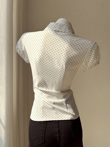 Elamini Polka Dot Print Lapel Collar Fitted Short Sleeve Blouse