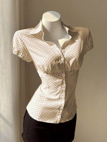 Elamini Polka Dot Print Lapel Collar Fitted Short Sleeve Blouse