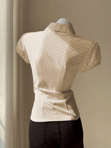 Elamini Polka Dot Print Lapel Collar Fitted Short Sleeve Blouse