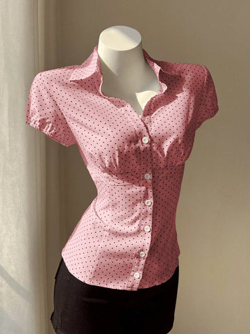 Elamini Polka Dot Print Lapel Collar Fitted Short Sleeve Blouse