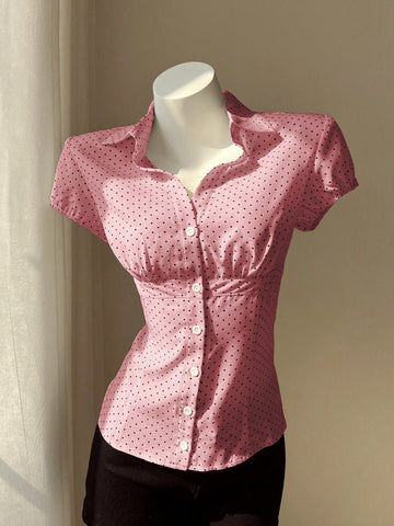 Elamini Polka Dot Print Lapel Collar Fitted Short Sleeve Blouse