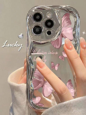 Electroplated New Cream Texture Wavy Edge Butterfly Colorful Painting Cute Protective Phone Case