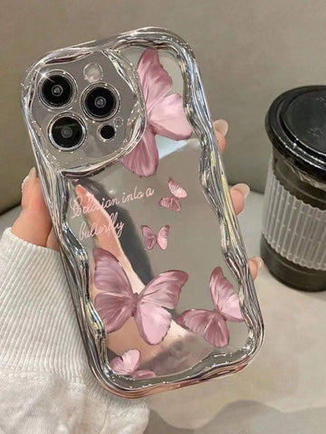 Electroplated New Cream Texture Wavy Edge Butterfly Colorful Painting Cute Protective Phone Case