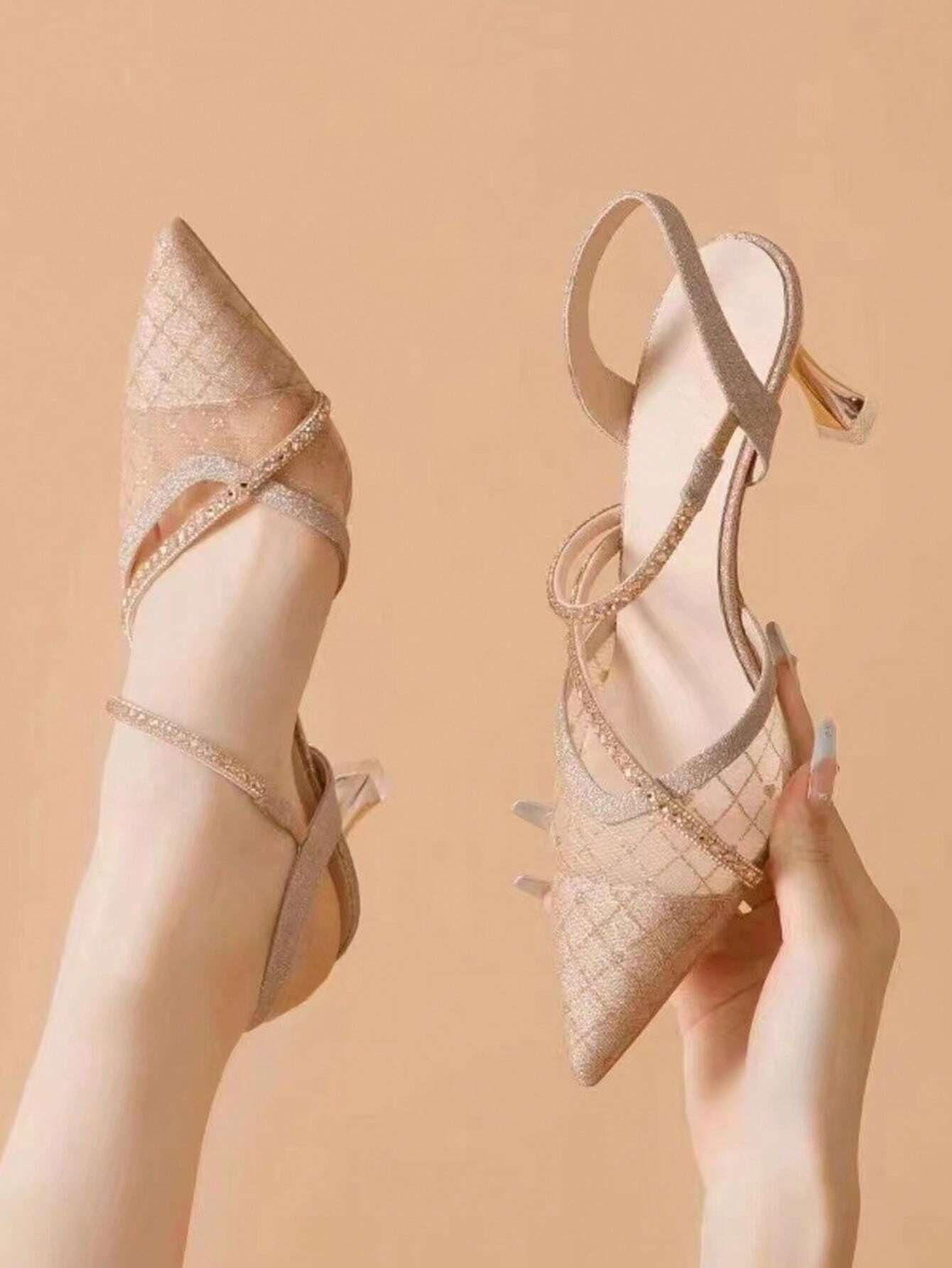 Elegant Golden Mesh High Heel Sandals