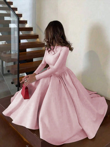 Minimalist Fashion Casual Retro Pleated Maxi Long Sleeve Solid Color Winter Dress