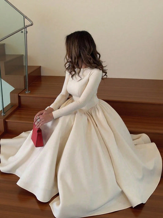 Minimalist Fashion Casual Retro Pleated Maxi Long Sleeve Solid Color Winter Dress