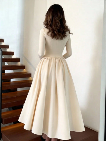 Minimalist Fashion Casual Retro Pleated Maxi Long Sleeve Solid Color Winter Dress