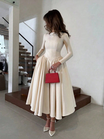 Minimalist Fashion Casual Retro Pleated Maxi Long Sleeve Solid Color Winter Dress